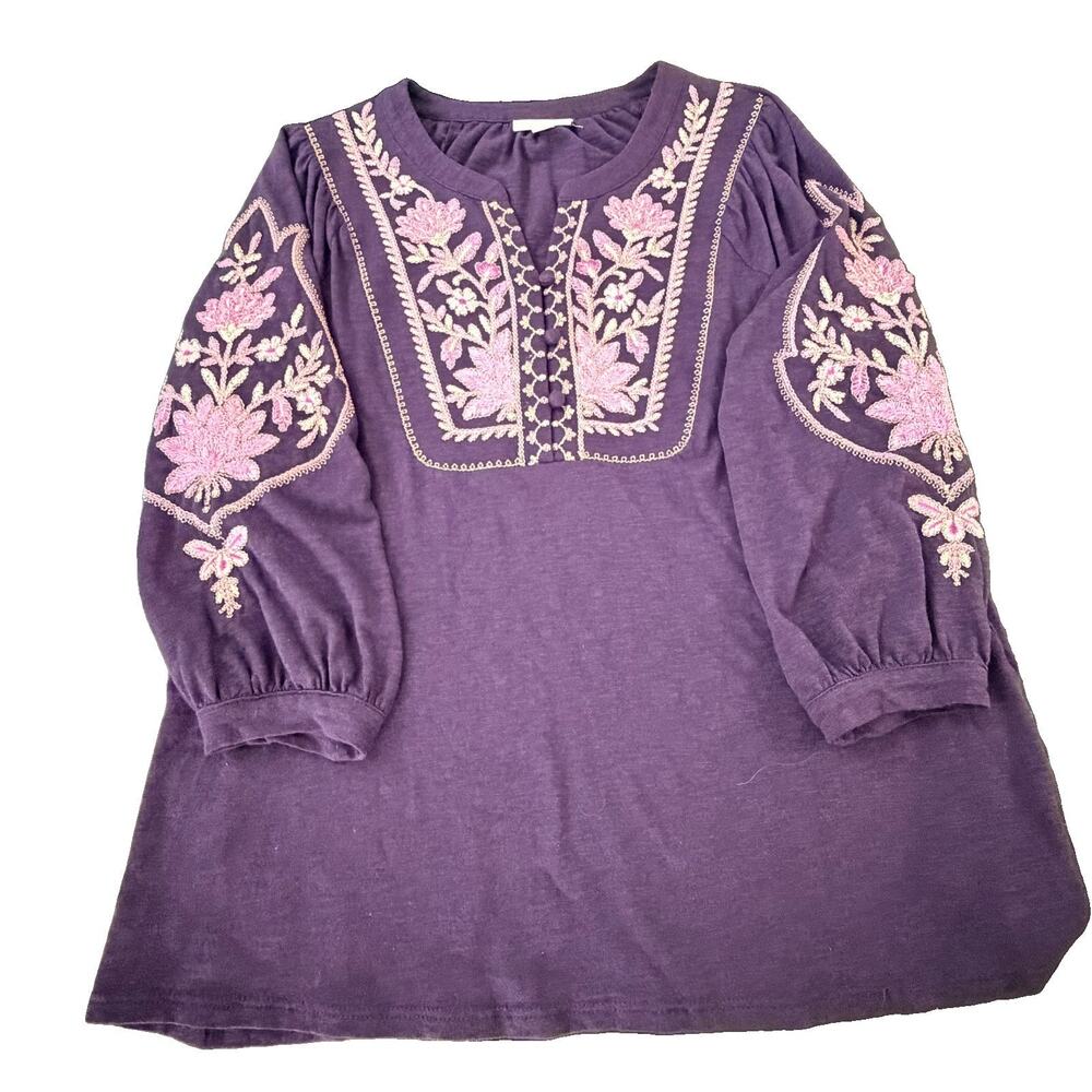J.Jill Embroidered Floral Purple Knit Blouse Womens XS Oversize Boho